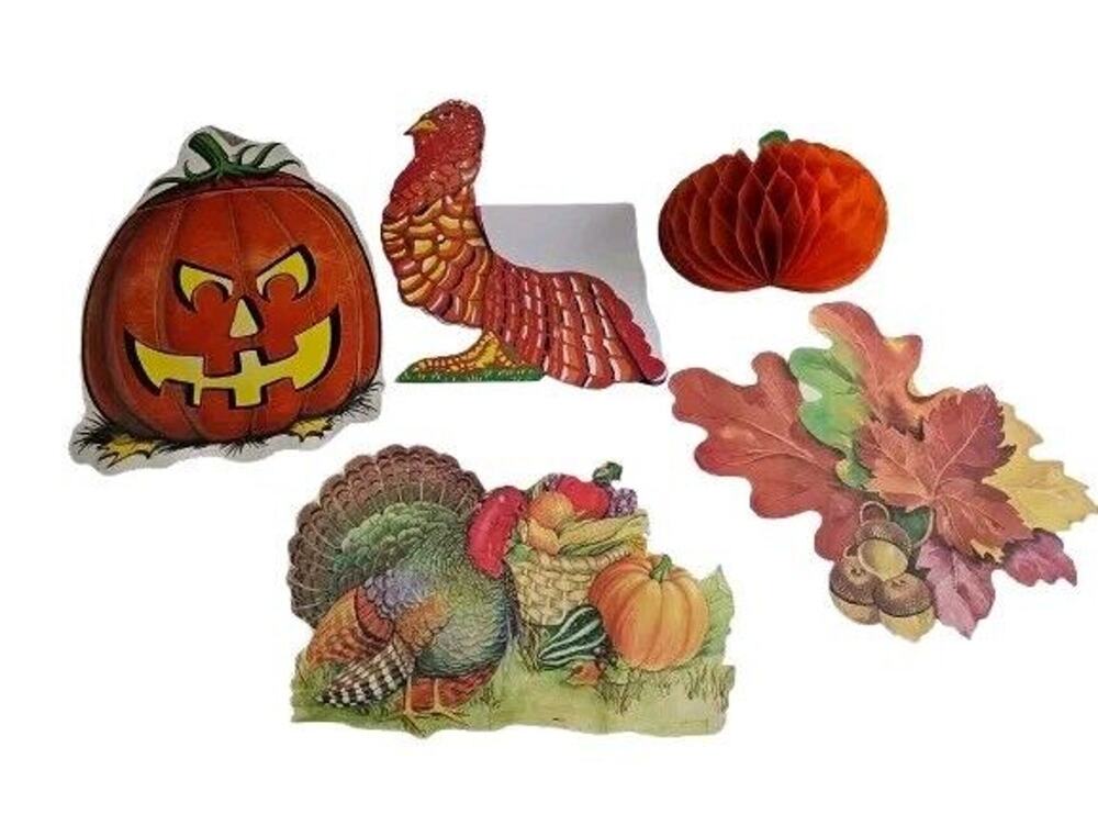 5 Vintage Die Cut Thanksgiving Halloween Fall Flocked Honeycomb Decoration Decor